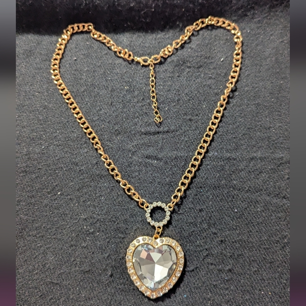Gold Tone Clear Rhinestone Heart Pendant Statement Necklace